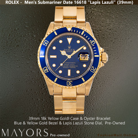 Rolex Submariner Yellow Gold Blue Bezel Lapis Lazuli Dial 16618, Pre-Owned