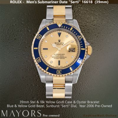 Steel & Yellow Gold Rolex Submariner Blue Bezel & Dial 16618, Pre-Owned