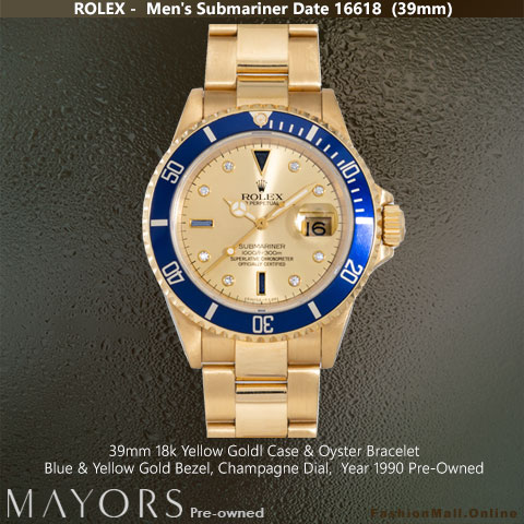 Yellow Gold Rolex Submariner Blue Bezel Champagne Dial 16618, Pre-Owned