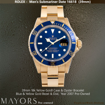 Yellow Gold Rolex Submariner Blue Bezel & Dial 16618, Pre-Owned