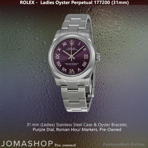 Ladies Rolex Oyster Perpetual 177200 Steel Purple Dial Roman Pre-Owned