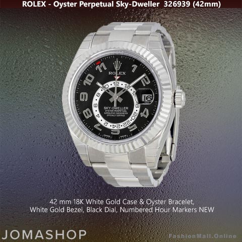 Rolex Sky Dweller White Gold Black Dial Oyster, 326939, 42mm, 18k White Gold Case, Fluted Bezel & Oyster Bracelet, Black Dials - NEW @ Jomashop