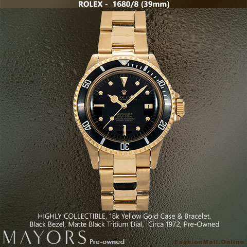 Collectible Rolex Submariner 1680/8 Yellow Gold Matte Black Tritium Dial, Pre-Owned