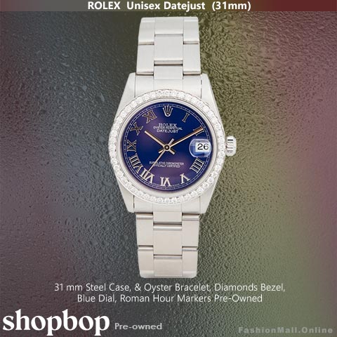 Rolex Datejust Steel Diamonds Bezel Blue Dial Roman Markers, Pre-Owned