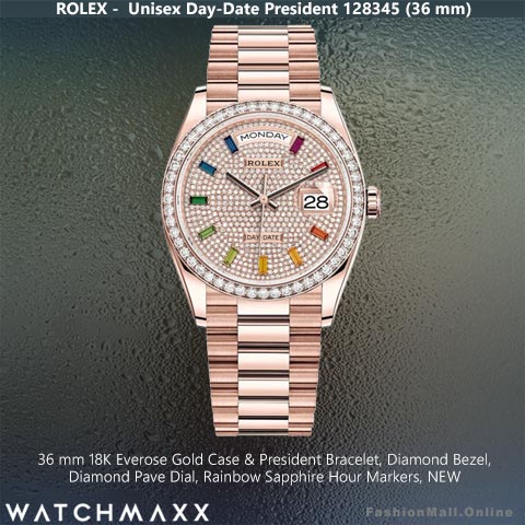 Rolex President Rose Gold Diamond Pave Rainbow Sapphires, NEW
