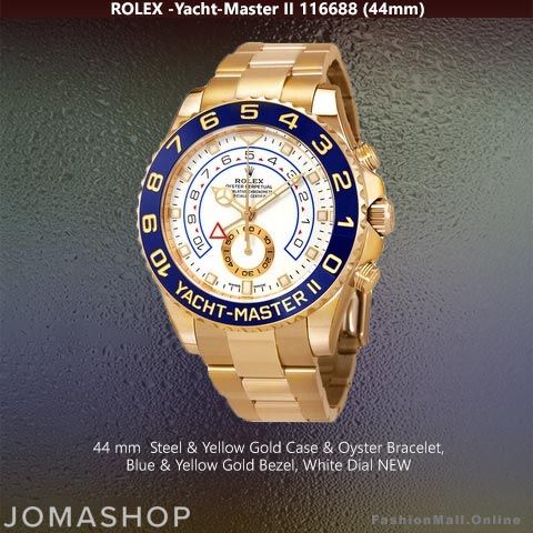 Rolex Yacht-Master II 116688 Yellow Gold Blue Bezel White Dial, NEW