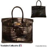 Hermes Birkin 35, Black shiny porosus crocodile, pre-owned