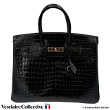 Hermes Birkin 35 Black Shiny Porosus Crocodile, Pre-owned