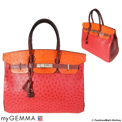 HERMES Birkin 35 Rouge Vif, Tangerine & Rouge H Ostrich, Pre-owned