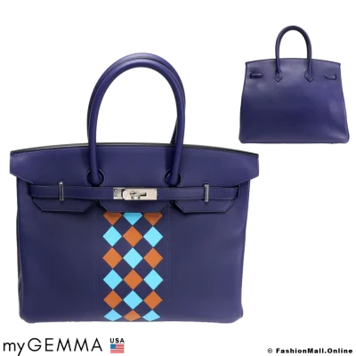 HERMES Birkin Tressage 35 Bleu Encre Swift Bleu Du Nord & Gold Epsom Detail, Like New