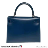 HERMES Kelly 28 Sellier Gold Bag Bleu de Prusse Bleu Galice Swift, Pre-Owned