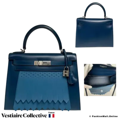 HERMES Kelly 28 Sellier Gold Bag Bleu de Prusse Bleu Galice Swift, Pre-Owned