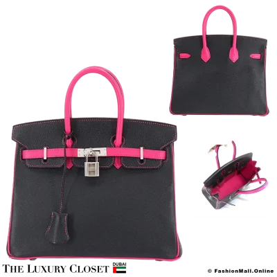 HERMES Horseshoe Birkin 25 Black & Rose Shocking Epsom, Pre-Owned