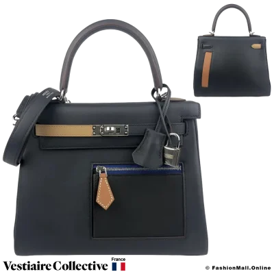 Hermes Kelly 25 Colormatic Blue, Caban Chai Black Gold Etoupe Swift, New Open Box