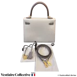 Hermes Kelly 25 Sellier HSS (Horseshoe) Chalk White Gris Asphalte Epsom, New Open Box