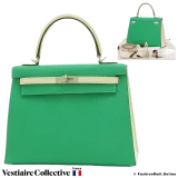 Hermes Kelly 25 Sellier HSS (Horseshoe) Mushroom and Menthe Chevre, Pre-Owned