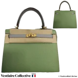 Hermes Kelly 25 sellier HSS (Horseshoe), Vert Criquet & Bleu Glacier Epsom, New Open Box