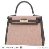 HERMES Kelly 28 Sellier, Ecru & Havane Toile & Swift, Pre-Owned