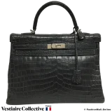 Hermes Kelly 35 Dark Grey Matte Crocodile, Pre-owned, in Good Condition