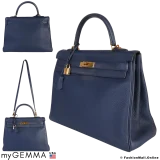 HERMES Kelly 35 Verso Bleu Encre Clemence, Pre-owned