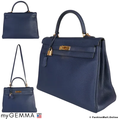 HERMES Kelly 35 Verso Bleu Encre Clemence, Pre-owned