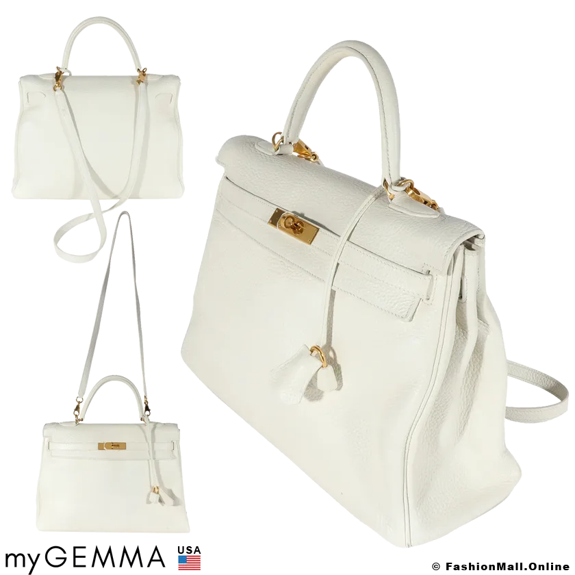 HERMES Kelly 35 White Clemence, Pre-owned