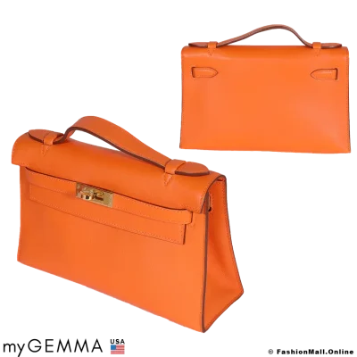 HERMES Kelly Pochette, Orange H, Swift Leather. Pre-Owned