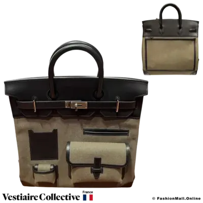 HERMES  Haut a Courroies Weekend Bag Black Box Calf & Khaki Toile, New Condition