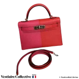 Hermes Mini Kelly II Casaque Sellier, Rouge De Coeur, Rose Extreme & Bleu Zanzibar in Epsom Leather. Pre-owned