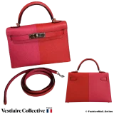 Hermes Mini Kelly II Casaque Sellier, Rouge De Coeur, Rose Extreme & Bleu Zanzibar in Epsom Leather. Pre-owned