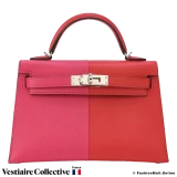 Hermes Mini Kelly II Casaque Sellier, Rouge De Coeur, Rose Extreme & Bleu Zanzibar in Epsom Leather. New Open Box