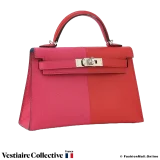 Hermes Mini Kelly II Casaque Sellier, Rouge De Coeur, Rose Extreme & Bleu Zanzibar in Epsom Leather. New Open Box