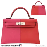 Hermes Mini Kelly II Casaque Sellier, Rouge De Coeur, Rose Extreme & Bleu Zanzibar in Epsom Leather. New Open Box