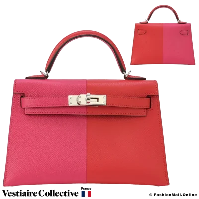 Hermes Mini Kelly II Casaque Sellier, Rouge De Coeur, Rose Extreme & Bleu Zanzibar in Epsom Leather. New Open Box