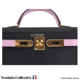 Hermes Mini Kelly II Sellier HSS (Horse Shoe) Black With Pink Handle, Belt and Strap, New Open Box