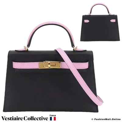 Hermes Mini Kelly II Sellier HSS (Horse Shoe) Black With Pink Handle, Belt and Strap, New Open Box