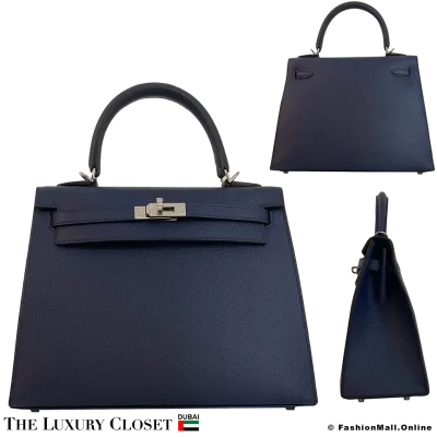 HERMES Kelly Sellier 25 Bag Blue Epsom, Like New