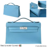 HERMES Kelly Pochette Sellier Bleu Knoll Swift, Pre-Owned