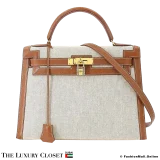 HERMES Kelly 32 Sellier Gold Epsom Ash Toile, Pre-Owned