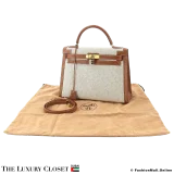 HERMES Kelly 32 Sellier Gold Epsom Ash Toile, Pre-Owned