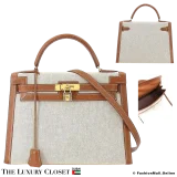 HERMES Kelly 32 Sellier Gold Epsom Ash Toile, Pre-Owned