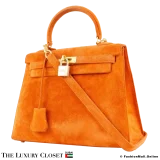 HERMES Kelly 25 Sellier Orange Doblis Suede, Pre-Owned