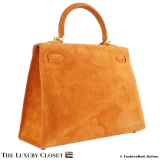 HERMES Kelly 25 Sellier Orange Doblis Suede, Pre-Owned