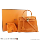 HERMES Kelly 25 Sellier Orange Doblis Suede, Pre-Owned