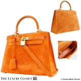 HERMES Kelly 25 Sellier Orange Doblis Suede, Pre-Owned