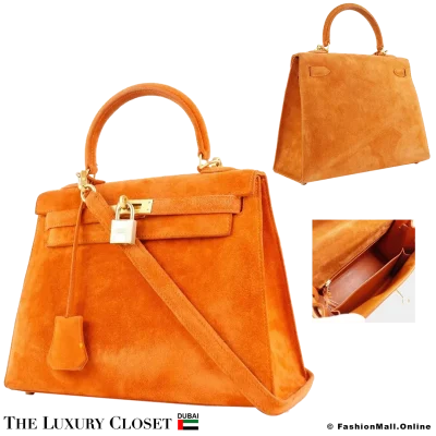 HERMES Kelly 25 Sellier Orange Doblis Suede, Pre-Owned