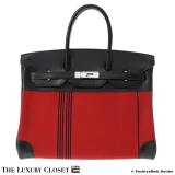 HERMES Birkin 35 Black & Red Box Calf & Canvas Potamos, Pre-Owned