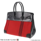 HERMES Birkin 35 Black & Red Box Calf & Canvas Potamos, Pre-Owned