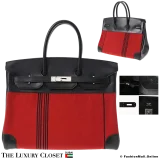 HERMES Birkin 35 Black & Red Box Calf & Canvas Potamos, Pre-Owned