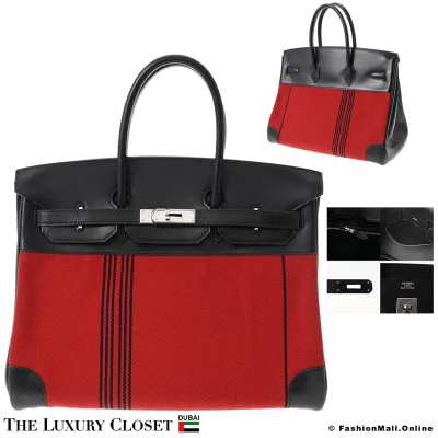 HERMES Birkin 35 Black & Red Box Calf & Canvas Potamos, Pre-Owned